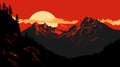 Bold Graphic Illustration Of Mountain Range At Red Sunset Royalty Free Stock Photo