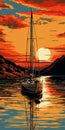 Bold Graphic Illustration Of A Sailboat At Sunset