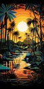 Bold Graphic Illustration Of A Sunset Jungle With Palm Trees And A River