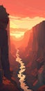 Bold Graphic Illustration Of A Sunset River In A Canyon