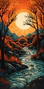 Bold Graphic Illustration Of A Sunset With River And Trees