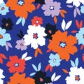 Bold graphic large scale flowers on blue background vector seamless pattern Royalty Free Stock Photo