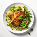 Bold-graphic Provia: Spaghetti Dish With Roasted Mahi-mahi Steak And Peas Royalty Free Stock Photo