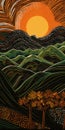 Bold Graphic Sunset On Hills With Trees: A Fusion Of Guatemalan And Bamileke Art