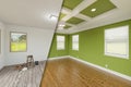 Bold Green Before and After of Master Bedroom Showing The Unfinished and Renovation State Complete with Coffered Ceilings and