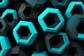 Bold hexagonal shapes interlocked in black and turquoise, arranged in a seamless pattern with depth, Royalty Free Stock Photo
