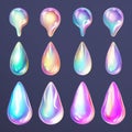 Bold holographic liquid metal blob shapes set isolated. Iridescent chrome melted drops