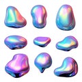 Bold holographic liquid metal blob shapes set isolated. Iridescent chrome melted drops