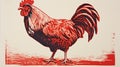 Bold And Intense: Red Rooster In Hyper-detailed Block Print Style