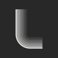 Bold letter L monogram 3d logo, gray gradient parallel ribbons, creative layers pattern, smooth stripes curves shapes, striped