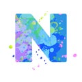 Bold letter N with effect of liquid spots of paint in blue, green, pink colors