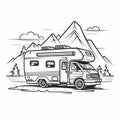 Bold Linework Camper Van Illustration With Mountain Background