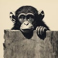 Bold Lithographic Monochrome Chimp Peeping Out From Wooden Wall Royalty Free Stock Photo