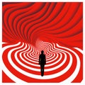 Bold Lithographic Op Art Illustration Of A Person Walking In A Red And White Spiral Tunnel