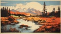Bold Lithographic Print Of Expansive Mountain Landscape In Orange And Cyan