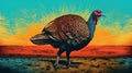 Bold Lithographic Turkey Standing On Grass With Colorful Sky