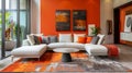 Bold living room with orange walls and modern white furniture