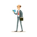 Bold Man Teacher Walking Reading A Book, Smiling Person In The Library Vector Illustration