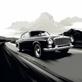 Bold And Moody: Black And White Volvo Coupe With Golden Age Illustration Style