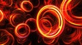 Bold neon circles in shades of red orange and yellow overlapping with jagged edges resembling fiery flames