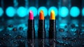 Bold Neon Lipstick Trio with Water Droplets Royalty Free Stock Photo