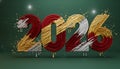 Bold 2026 numbers painted in red gold and silver with metallic texture and drops on green background Royalty Free Stock Photo