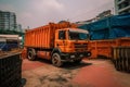 Modular Constructivism-Inspired Orange Construction Truck: Angular Design & Geometry