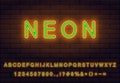 Bold orange and green editable colors neon font set. collection of letters numerals signs icons symbols