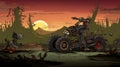 Bold Outlines And Flat Colors: A Monster Mangled Motorcycle In An Arduous Landscape