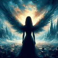Bold painting of an angel with wings, back view, mysterious angel city, lights, sci-fi scene
