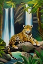 A bold painting art of charming jaguar, realxing sitting under a tree, with waterfall in a beautiful jungle, plants, impressionism