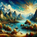 Bold painting of beautiful stunning landscape, with small harbor, ships, sea view, mountains, sky and clouds, fantasy art