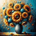A bold painting of beautiful sunflower bouquet in a vase, floral art