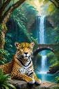 A bold painting of charming jaguar with golden eyes, sitting under a tree, with waterfall, ancient stone bridge, plants, river Royalty Free Stock Photo