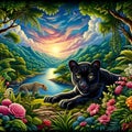 A bold painting of charming panther, with sharp eyes, in a breathtaking jungle, scenic landscape, flower, river, plants