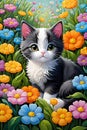 Bold painting of cute cat in flowers garden, floating acrylic art, floral, botanical