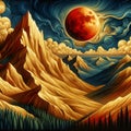 A bold painting of golden mountain with red full moon, tree, night, wallart, fantasy Royalty Free Stock Photo