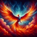 A bold painting of mythical spirit animal, a charming phoenix with fery wings, flying in the sky with vibrant hues
