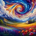 A bold painting of vibrant lavender field, with swirls sky like a 3D art, cosmic dance, mountains, realistic landscape
