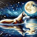 Bold painting of a wolf swimming through a reflection lake of moonlit, starry night, dreamlike, harmony with natural word