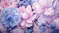 Bold pastel floral pattern, intricate botanical details in soft pinks and blues, suitable for a cheerful greeting card design,