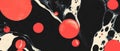 Bold patterns of blotted ink with bright red shapes on a contrasting dark background