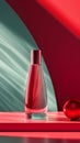 Bold Perfume Flacon with Red and Cyan Geometric Backdrop