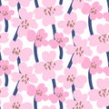 Bold pink flowers on white spring seamless pattern.