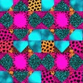 Bold and playful, this image features a patchwork of leopard prints with striking neon pinks and teals, forming diamond