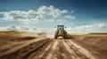 Bold And Precise: Tractor On Dirt Road With Sunny Sky