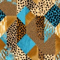 Bold Quilt-Inspired Leopard Pattern with Blue Accents and Textured Patches