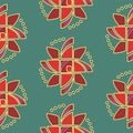 Bold Red And Gold Abstract Windmill Geometric Shape Repeat Pattern On Green