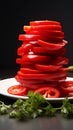 Bold red pepper slices arranged on a white background, showcasing their vibrant hue