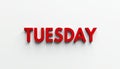 Bold red \'Tuesday\' text in 3D on a clean white background. Royalty Free Stock Photo